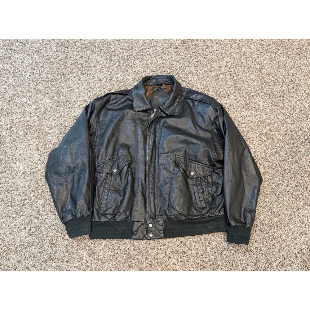 Roundtree and Yorke Black Leather Bomber Flight Jacket Men's Size Large